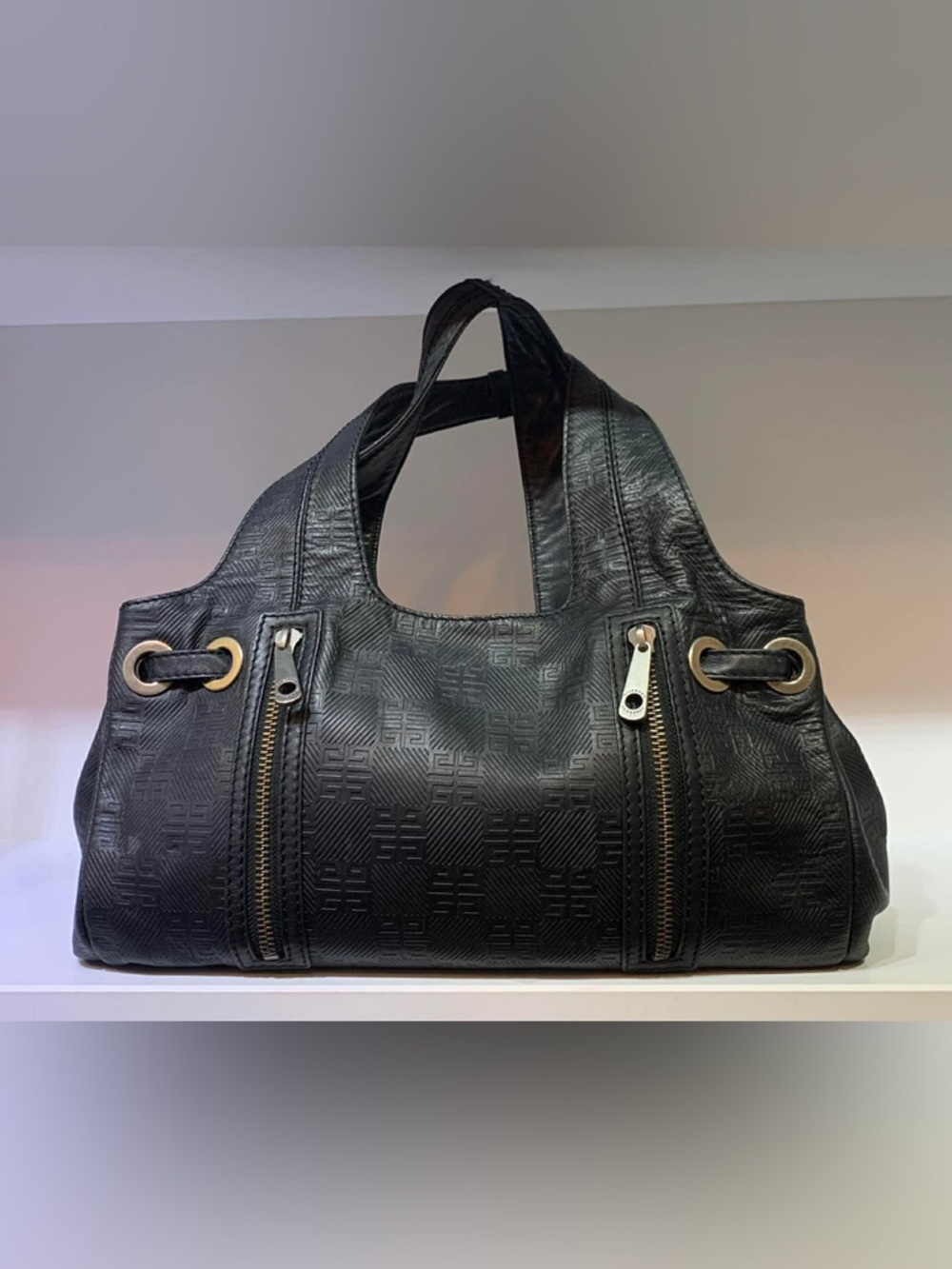GIVENCHY Black Embossed Leather Tote Bag with Zip Accents